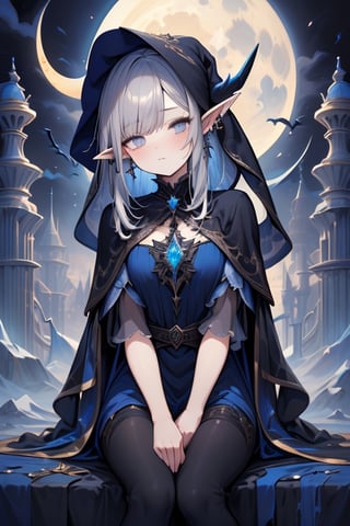 gray hair with blue tones, black witch clothes, moon earrings, gray eyes, dark circles, sleepy, dream witch, pointy ears, elf,  medium hair., veil.,breakdomain