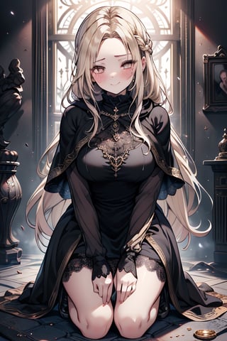 masterpiece, detailed, high quality, absurdres, blindfirekeeper, 1girl, solo, blush, medium breasts, curvy, black dress, see-through, black capelet, black tunic like a clairvoyant, guardian of the future, friendly smile, blonde, golden eyes, long hair, astrology room,kneeling,covered eyes-


,blindfirekeeper