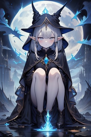 gray hair with blue tones, black witch clothes, moon earrings, gray eyes, dark circles, sleepy, dream witch, pointy ears, elf,  medium hair., veil.,breakdomain