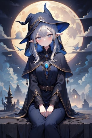 gray hair with blue tones, black witch clothes, moon earrings, gray eyes, dark circles, sleepy, dream witch, pointy ears, elf,  medium hair., veil.