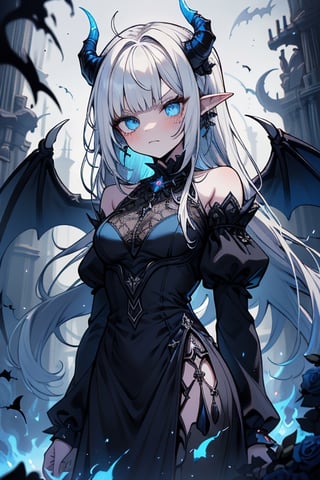 white hair, deep blue eyes, aura of dark power, the most powerful being in the world, queen of darkness, lost look, pointed ears, black dress with blue edges, killer of gods, the one who killed Lucifer, incarnation of the gods dragons, masterpiece, very good quality, excellent quality, perfect face, small breasts, serious face, dazed, calm, kuudere, eyes with blue flames, looking down, as if on top of the world, horns, vampire fangs, fake goddess, bare shoulders, long skirt, gothic, Mullet Bangs, staring, sad expression, blue roses in her hair and her dress,emanates the power of chaos within her.

