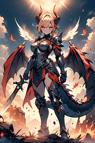 dragon wings, scaly skin, bright blonde hair, arrogant, serious, powerful, mother of the Yuumil, goddess of order, strongest dragon goddess, proud, goat horns, red horns, dragon hands, dragon legs, covered body by scales, armor, short hair, big wings, dragonborn, goddess of order and battles, masterpiece, detailed, high quality, absurd, very high resolution, good quality image, high definition, serious face, annoying, warrior, Order ,good quality eyes, high resolution eyes, defined eyes, sharp eyes, orange eyes, armor that covers everything,face with good resolution,breast armor,orange armor,hair up with braids,dragon tail,over the sun, sword of order with a orange glow, radiant figure,magma armor,1 dragon tail only one,perfect face.

