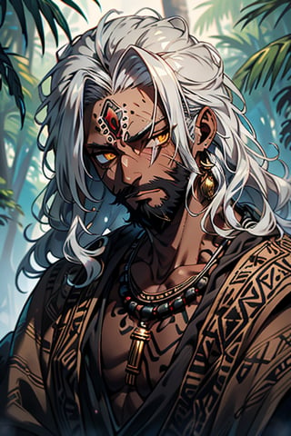 giant, muscular, ugly face, curly hair, black skin, Latin American, tribal clothing, mayan clothing, bone necklace, dark skin, tan, man, male, thick, golden eyes, yellow eyes, homeless, unfortunate, long dirty beard , skinny, malnourished, haggard face, crazy, silver hair, curly hair, jungle, tribal, Aztec



