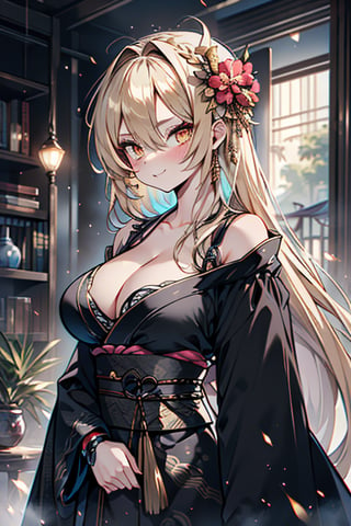 Blonde, long hair, golden eyes, asshole, man, strong, friendly, antisocial, long black kimono, silly, warrior, perfect face, good quality, excellent quality, masterpiece, trap, big breasts

