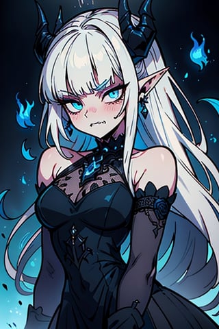 white hair, deep blue eyes, aura of dark power, the most powerful being in the world, queen of darkness, lost look, pointed ears, black dress with blue edges, killer of gods, the one who killed Lucifer, incarnation of the gods dragons, masterpiece, very good quality, excellent quality, perfect face, small breasts, serious face, dazed, calm, kuudere, eyes with blue flames, looking down, as if on top of the world, horns, vampire fangs, fake goddess, bare shoulders, long skirt, gothic, Mullet Bangs, staring, sad expression, blue roses in her hair and her dress,emanates the power of chaos within her.

