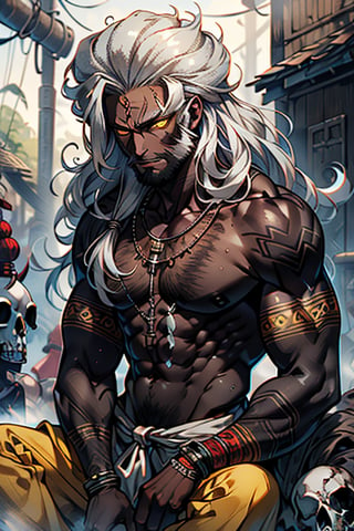 giant, muscular, ugly face, curly hair, black skin, indian, tribal clothing, mayan clothing, bone necklace, dark skin, tan, man, male, thick, golden eyes, yellow eyes, homeless, unfortunate, long dirty beard , skinny, malnourished, haggard face, crazy, silver hair, curly hair.



