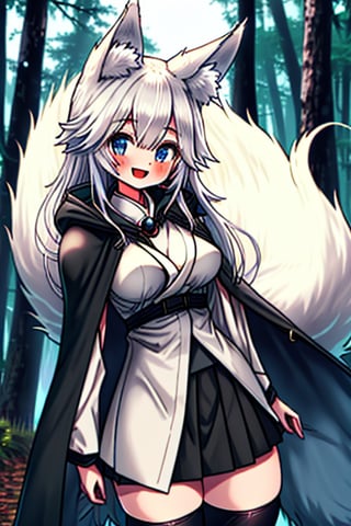 white hair, blue eyes, coat with blue vintage style cape, friendly face, skirt, killer, happy smile, blows, in the forest at night, masterpiece, detailed, high quality, absurd, long hair, black stockings, masterpiece, excellent quality, perfect face, medium breasts, kitsune ears, kitsune tail.

