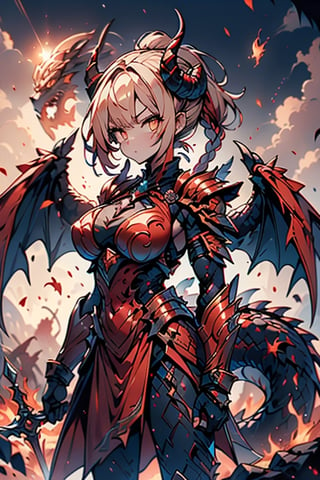 dragon wings, scaly skin, bright blonde hair, arrogant, serious, powerful, mother of the Yuumil, goddess of order, strongest dragon goddess, proud, goat horns, red horns, dragon hands, dragon legs, covered body by scales, armor, short hair, big wings, dragonborn, goddess of order and battles, masterpiece, detailed, high quality, absurd, very high resolution, good quality image, high definition, serious face, annoying, warrior, Order ,good quality eyes, high resolution eyes, defined eyes, sharp eyes, orange eyes, armor that covers everything,face with good resolution,breast armor,orange armor,hair up with braids,dragon tail,over the sun, sword of order with a orange glow, radiant figure,magma armor,1 dragon tail only one,perfect face,dragon woman, warrior,goddess of war, beautiful, immaculate face.


