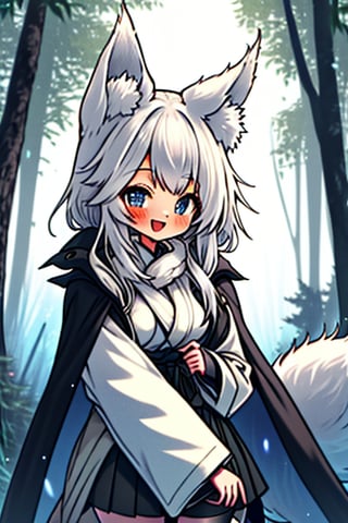 white hair, blue eyes, coat with blue vintage style cape, friendly face, skirt, killer, happy smile, blows, in the forest at night, masterpiece, detailed, high quality, absurd, long hair, black stockings, masterpiece, excellent quality, perfect face, medium breasts, kitsune ears, kitsune tail.

