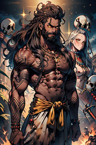 giant, muscular, ugly face, curly hair, black skin, Indian, tribal clothing, Mayan clothing, bone necklace.,dark skin,tan, man, masculine,  thick, golden eyes, yellow eyes, vagabond, unfortunate, long dirty beard.



