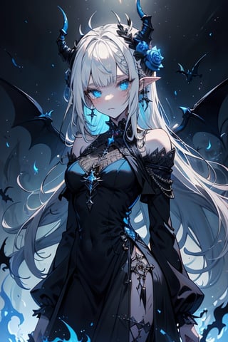 white hair, deep blue eyes, aura of dark power, the most powerful being in the world, queen of darkness, lost look, pointed ears, black dress with blue edges, killer of gods, the one who killed Lucifer, incarnation of the gods dragons, masterpiece, very good quality, excellent quality, perfect face, small breasts, serious face, dazed, calm, kuudere, eyes with blue flames, looking down, as if on top of the world, horns, fake goddess, bare shoulders, long skirt, gothic, Mullet Bangs, staring, sad expression, blue roses in her hair and her dress,emanates the power of chaos within her.

