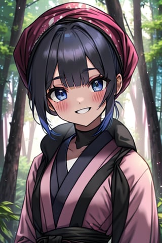 dark blue hair, blue eyes, pink kimono outfit with black edges, friendly face, a black spandex that covers his entire body, headscarf, killer, happy smile, bangs, in the forest at night, masterpiece, detailed, high quality, absurd, the strongest human of all, bringer of the world's hope, short hair, black lycra, masterpiece, excellent quality, excellent quality, perfect face.
