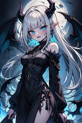 white hair, deep blue eyes, aura of dark power, the most powerful being in the world, queen of darkness, lost look, pointed ears, black dress with blue edges, killer of gods, the one who killed Lucifer, incarnation of the gods dragons, masterpiece, very good quality, excellent quality, perfect face, small breasts, serious face, dazed, calm, kuudere, eyes with blue flames, looking down, as if on top of the world, horns, vampire fangs, Fake Goddess, Off Shoulder, Long Skirt, Gothic, Mullet Bangs, Stare.

