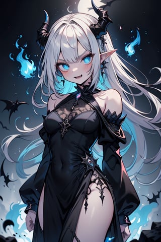 white hair, deep blue eyes, aura of dark power, the most powerful being in the world, queen of darkness, lost look, pointed ears, black dress with blue borders, killer of gods, the one who I finished with Lucifer, incarnation of the dragon gods, masterpiece, very good quality, excellent quality, perfect face,small breasts, serious and arrogant face, quiet, kuudere, eyes with blue flames, looking down, as if she were on top of the world,horns, vampire fangs, fake goddess, bare shoulders, long skirt, gothic.
