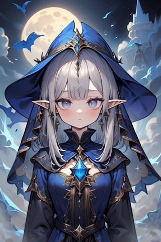 gray hair with blue tones, black witch clothes, moon earrings, gray eyes, dark circles, sleepy, dream witch, pointy ears, elf,  medium hair., veil.,breakdomain