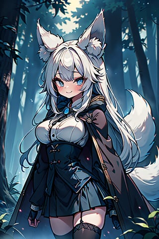 white hair, blue eyes, coat with blue vintage style cape, friendly face, skirt, killer, happy smile, blows, in the forest at night, masterpiece, detailed, high quality, absurd, long hair, black stockings, masterpiece, excellent quality, perfect face, medium breasts, kitsune ears, kitsune tail.

