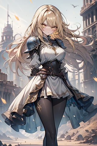 blonde, golden eyes, angry look, long hair, desert knight, hates magic, candys a long elegant white tunic, armor on her hands, legs and arms, gray and white dress, appearance of a warrior, strong woman, scars all over the body, golden eyes, perfect face, very good quality, masterpiece, excellent quality,yellow eyes,blonde hair, black pantyhose
