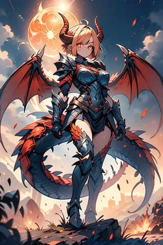 dragon wings, scaly skin, bright blonde hair, arrogant, serious, powerful, mother of the Yuumil, goddess of order, strongest dragon goddess, proud, goat horns, red horns, dragon hands, dragon legs, covered body by scales, armor, short hair, big wings, dragonborn, goddess of order and battles, masterpiece, detailed, high quality, absurd, very high resolution, good quality image, high definition, serious face, annoying, warrior, Order ,good quality eyes, high resolution eyes, defined eyes, sharp eyes, orange eyes, armor that covers everything,face with good resolution,breast armor,orange armor,hair up with braids,dragon tail,over the sun, sword of order with a orange glow, radiant figure,magma armor,1 dragon tail only one,perfect face.

