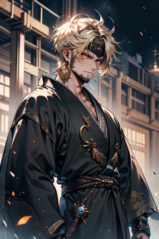 Blonde, short hair, golden eyes, asshole, male, strong, friendly, antisocial, long black kimono, goofy, warrior, perfect face, good quality, excellent quality, masterpiece, burly.
