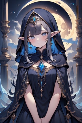 dark hair with blue tones, black witch clothes, moon earrings, gray eyes, dark circles, sleepy, dream witch, pointy ears, elf,  medium hair., veil.