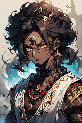 giant, muscular, ugly face, curly hair, black skin, Indian, tribal clothing, Mayan clothing, bone necklace.,dark skin,tan, man, masculine,  thick, golden eyes, yellow eyes


