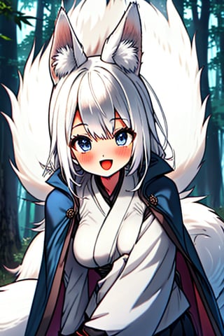 white hair, blue eyes, coat with blue vintage style cape, friendly face, skirt, killer, happy smile, blows, in the forest at night, masterpiece, detailed, high quality, absurd, long hair, black stockings, masterpiece, excellent quality, perfect face, medium breasts, kitsune ears, kitsune tail.

