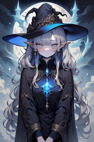 dark hair with blue tones, black witch clothes, moon earrings, gray eyes, dark circles, sleepy, dream witch, pointy ears, elf.
,niji