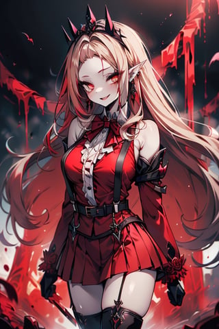 an arrogant woman, blonde, cold-blooded murderer, the final enemy of this world, medium breasts, pointed ears, vampire, eyes red like blood, smiling mischievously, red bowtie scarf, red suit with skirt with black borders, black crosses on his forehead, very pale skin, high_resolution, best quality, extremely detailed, HD, 8K, 1 girl, solo, sexy_figure, hot, 170 cm, tall_girl, LONG HAIR, DIAMOND THROAT, BLACK ASCOT, SEPARATED NECK, CENTER Ruffles, RED DRESS, RED SEPARATED SLEEVES, RED BELT, SKIRT WHITE, RED THIGH BOOTS, RED SUSPENDERS.TIARA,She represents death, the false goddess of putrefaction.

