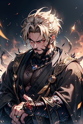 Blonde, short hair, golden eyes, asshole, male, strong, friendly, antisocial, long black kimono, goofy, warrior, perfect face, good quality, excellent quality, masterpiece, burly, ring beard

