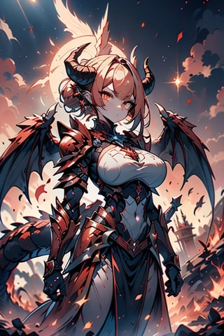 dragon wings, scaly skin, bright blonde hair, arrogant, serious, powerful, mother of the Yuumil, goddess of order, strongest dragon goddess, proud, goat horns, red horns, dragon hands, dragon legs, covered body by scales, armor, short hair, big wings, dragonborn, goddess of order and battles, masterpiece, detailed, high quality, absurd, very high resolution, good quality image, high definition, serious face, annoying, warrior, Order ,good quality eyes, high resolution eyes, defined eyes, sharp eyes, orange eyes, armor that covers everything,face with good resolution,breast armor,orange armor,hair up with braids,dragon tail,over the sun, sword of order with a orange glow, radiant figure,magma armor,1 dragon tail only one,perfect face,dragon woman, warrior,goddess of war, beautiful, immaculate face.


