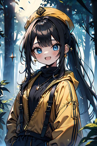 black hair, blue eyes, yellow jacket with black edges, black French hat, friendly face, blue pants, killer, happy smile, bangs, in the forest at night, masterpiece, star earrings, detailed, high quality, absurd, the strongest human of all, bringer of the world's hope, hair in ponytail, long sleeve, masterpiece, excellent quality, excellent quality, perfect face.
