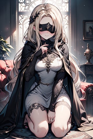 masterpiece, detailed, high quality, absurd, blindfirekeeper, 1girl, alone, blush, medium breasts, curvy, transparent white dress, black cape, black robe like a clairvoyant, guardian of the future, friendly smile, blonde, long hair, living room astrology, kneeling, black blindfold covers her eyes.


,blindfirekeeper