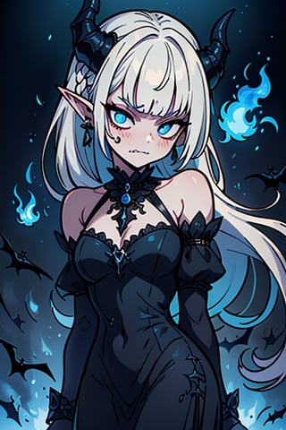 white hair, deep blue eyes, aura of dark power, the most powerful being in the world, queen of darkness, lost look, pointed ears, black dress with blue edges, killer of gods, the one who killed Lucifer, incarnation of the gods dragons, masterpiece, very good quality, excellent quality, perfect face, small breasts, serious face, dazed, calm, kuudere, eyes with blue flames, looking down, as if on top of the world, horns, vampire fangs, fake goddess, bare shoulders, long skirt, gothic, Mullet Bangs, staring, sad expression, blue roses in her hair and her dress,emanates the power of chaos within her.

