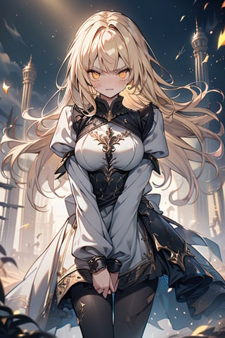 blonde, golden eyes, angry look, long hair, desert knight, hates magic, candys a long elegant white tunic, armor on her hands, legs and arms, gray and white dress, appearance of a warrior, strong woman, scars all over the body, golden eyes, perfect face, very good quality, masterpiece, excellent quality,yellow eyes,blonde hair, black pantyhose
