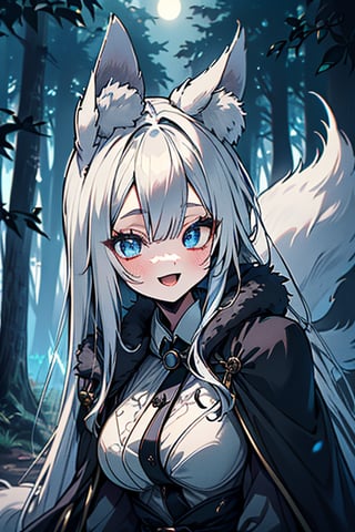 white hair, blue eyes, coat with blue vintage style cape, friendly face, skirt, killer, happy smile, blows, in the forest at night, masterpiece, detailed, high quality, absurd, long hair, black stockings, masterpiece, excellent quality, perfect face, medium breasts, kitsune ears, kitsune tail.

