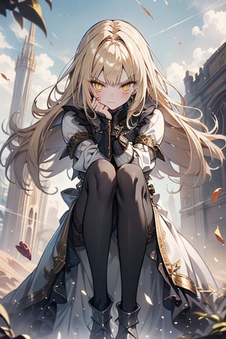 blonde, golden eyes, angry look, long hair, desert knight, hates magic, candys a long elegant white tunic, armor on her hands, legs and arms, gray and white dress, appearance of a warrior, strong woman, scars all over the body, golden eyes, perfect face, very good quality, masterpiece, excellent quality,yellow eyes,blonde hair, black pantyhose
