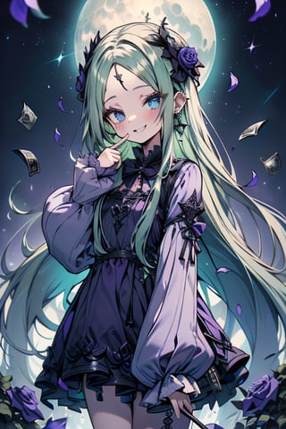 light green hair, blue eyes, long tunic with gothic skirt, black tiana, friendly face, egocentric, food lover, money lover, magic style long sleeved dress, happy smile, masterpiece, moon earrings, detailed, tall quality, absurd, the teleportation magician, long hair with roses, masterpiece, excellent quality, excellent quality, perfect face, Green hair, loli, small breasts, small height, purple clothes



