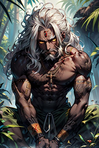 giant, muscular, ugly face, curly hair, black skin, indian, tribal clothing, mayan clothing, bone necklace, dark skin, tan, man, male, thick, golden eyes, yellow eyes, homeless, unfortunate, long dirty beard , skinny, malnourished, haggard face, crazy, silver hair, curly hair, jungle



