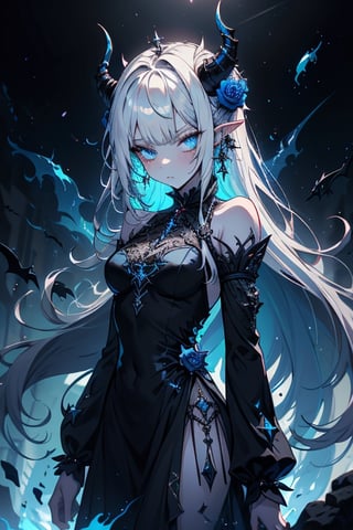 white hair, deep blue eyes, aura of dark power, the most powerful being in the world, queen of darkness, lost look, pointed ears, black dress with blue edges, killer of gods, the one who killed Lucifer, incarnation of the gods dragons, masterpiece, very good quality, excellent quality, perfect face, small breasts, serious face, dazed, calm, kuudere, eyes with blue flames, looking down, as if on top of the world, horns, fake goddess, bare shoulders, long skirt, gothic, Mullet Bangs, staring, sad expression, blue roses in her hair and her dress,emanates the power of chaos within her,black sclera.
