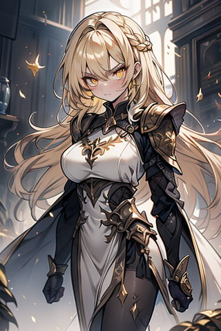 blonde, golden eyes, angry look, long hair, desert knight, hates magic, candys a long elegant white tunic, armor on her hands, legs and arms, gray and white dress, appearance of a warrior, strong woman, scars all over the body, golden eyes, perfect face, very good quality, masterpiece, excellent quality,yellow eyes,blonde hair, black pantyhose
