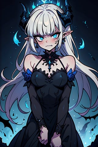 white hair, deep blue eyes, aura of dark power, the most powerful being in the world, queen of darkness, lost look, pointed ears, black dress with blue edges, killer of gods, the one who killed Lucifer, incarnation of the gods dragons, masterpiece, very good quality, excellent quality, perfect face, small breasts, serious face, dazed, calm, kuudere, eyes with blue flames, looking down, as if on top of the world, horns, vampire fangs, fake goddess, bare shoulders, long skirt, gothic, Mullet Bangs, staring, sad expression, blue roses in her hair and her dress,emanates the power of chaos within her.

