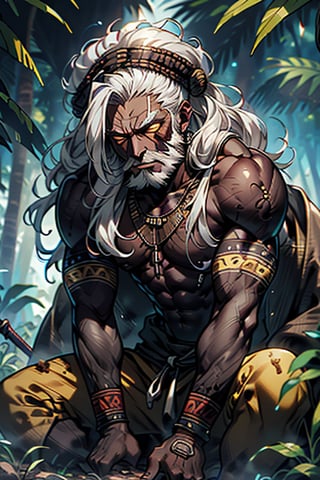 giant, muscular, ugly face, curly hair, black skin, Latin American, tribal clothing, mayan clothing, bone necklace, dark skin, tan, man, male, thick, golden eyes, yellow eyes, homeless, unfortunate, long dirty beard , skinny, malnourished, haggard face, crazy, silver hair, curly hair, jungle



