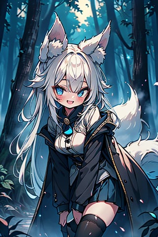 white hair, blue eyes, coat with blue vintage style cape, friendly face, skirt, killer, happy smile, blows, in the forest at night, masterpiece, detailed, high quality, absurd, long hair, black stockings, masterpiece, excellent quality, perfect face, medium breasts, kitsune ears, kitsune tail.

