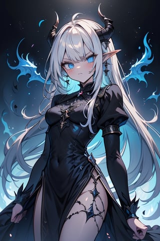 white hair, deep blue eyes, aura of dark power, the most powerful being in the world, queen of darkness, lost look, pointed ears, black dress with blue borders, killer of gods, the one who I finished with Lucifer, incarnation of the dragon gods, masterpiece, very good quality, excellent quality, perfect face,small breasts, serious and arrogant face, quiet, kuudere, eyes with blue flames, looking down, as if she were on top of the world.
