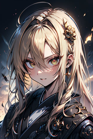 Blonde, long hair, golden eyes, asshole, man, strong, friendly, antisocial, long black kimono, silly, warrior, perfect face, good quality, excellent quality, masterpiece,
