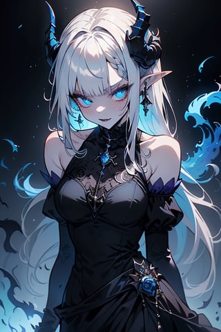 white hair, deep blue eyes, aura of dark power, the most powerful being in the world, queen of darkness, lost look, pointed ears, black dress with blue edges, killer of gods, the one who killed Lucifer, incarnation of the gods dragons, masterpiece, very good quality, excellent quality, perfect face, small breasts, serious face, dazed, calm, kuudere, eyes with blue flames, looking down, as if on top of the world, horns, vampire fangs, fake goddess, bare shoulders, long skirt, gothic, Mullet Bangs, staring, sad expression, blue roses in her hair and her dress,emanates the power of chaos within her.

