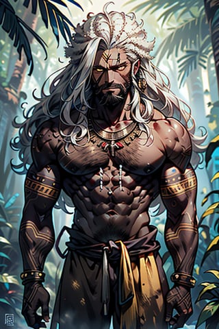 giant, muscular, ugly face, curly hair, black skin, Latin American, tribal clothing, mayan clothing, bone necklace, dark skin, tan, man, male, thick, golden eyes, yellow eyes, homeless, unfortunate, long dirty beard , skinny, malnourished, haggard face, crazy, silver hair, curly hair, jungle, tribal



