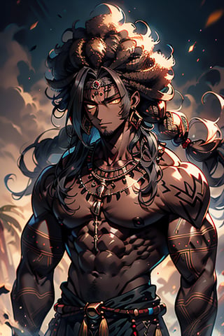 giant, muscular, ugly face, curly hair, black skin, Indian, tribal clothing, Mayan clothing, bone necklace.,dark skin,tan, man, masculine,  thick, golden eyes, yellow eyes


