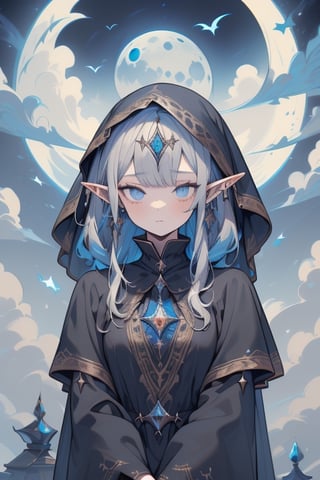 gray hair with blue tones, black witch clothes, moon earrings, gray eyes, dark circles, sleepy, dream witch, pointy ears, elf,  medium hair., veil.