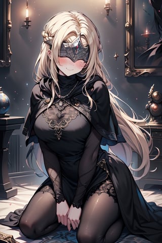 masterpiece, detailed, high quality, absurdres, blindfirekeeper, 1girl, solo, blush, medium breasts, curvy, black dress, see-through, black capelet, black tunic like a clairvoyant, guardian of the future, friendly smile, blonde, golden eyes, long hair, astrology room,kneeling,covered eyes-


,blindfirekeeper